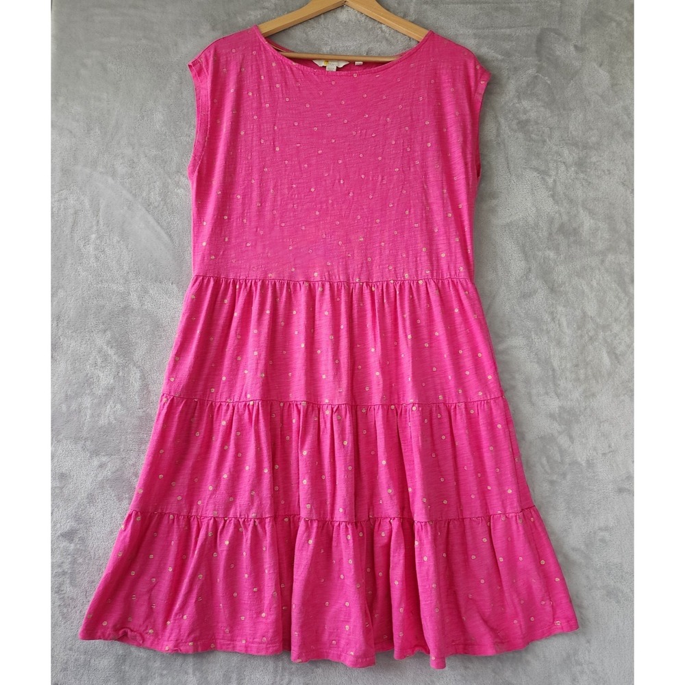 Boden Dress Womens Size 10 Bright Pink Gold Polka Dot Pockets Tiered Stretch 10R